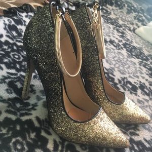 Black & Gold Glitter Pumps with Ankle Strap
